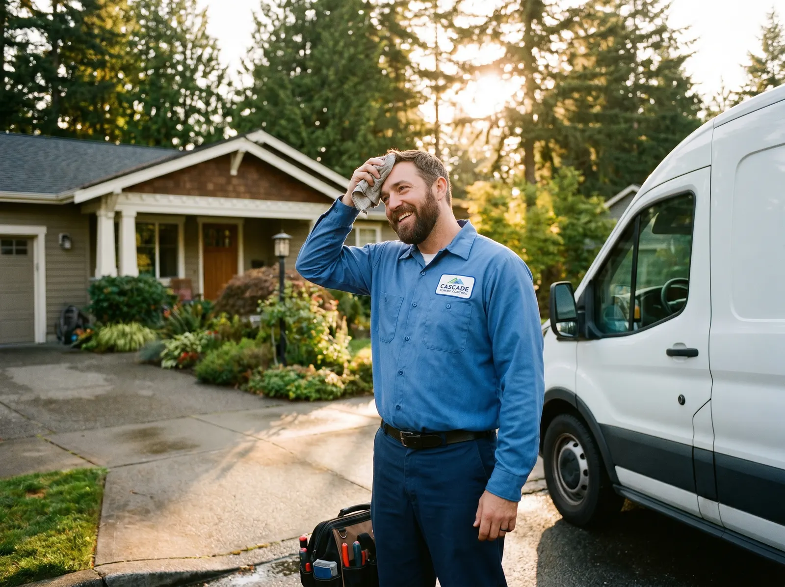 HVAC technician taking a service call on a job site