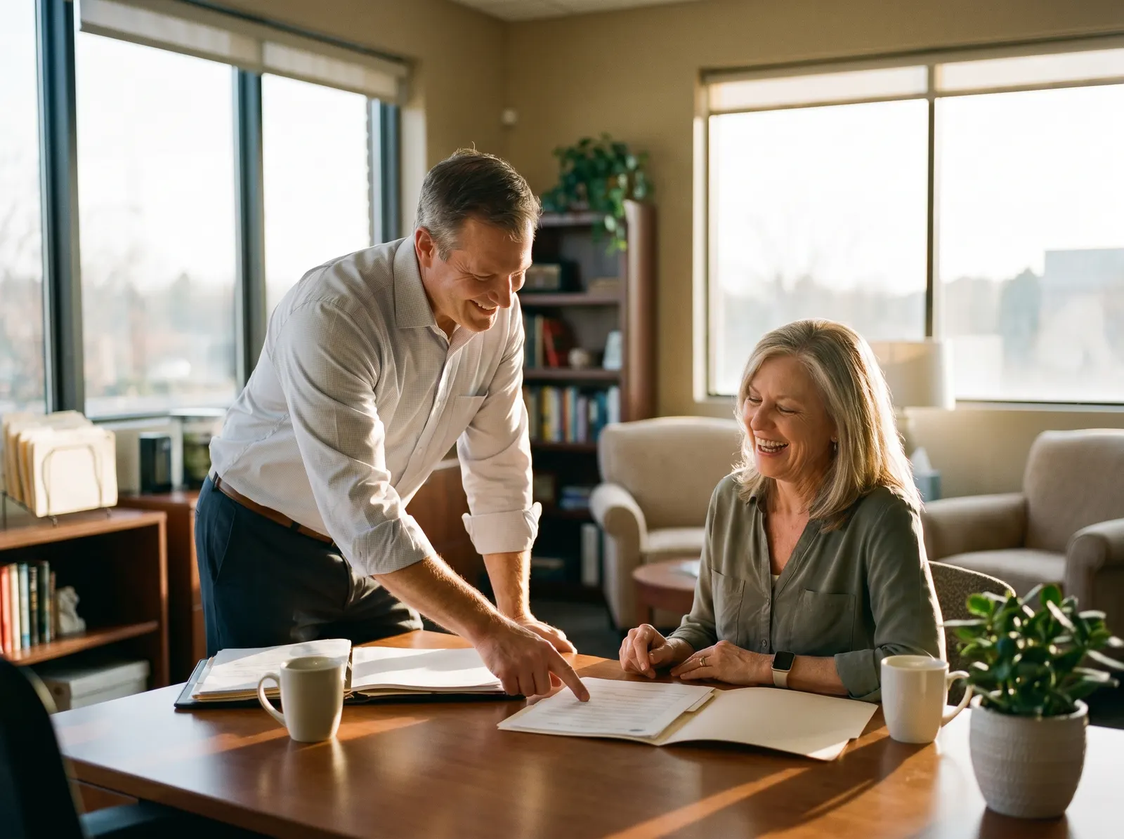 Insurance agent reviewing a client policy at their desk