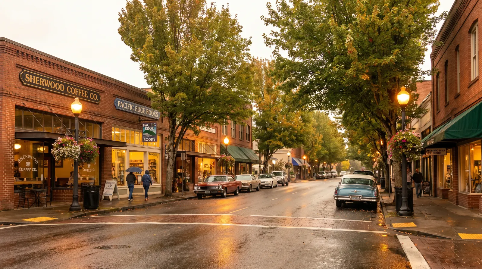 A charming Pacific Northwest small-town main street, like the Washington County communities SalesNinja serves
